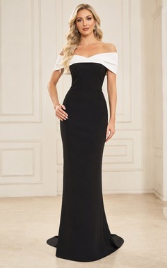 Schwarzes, einfarbiges Meerjungfrauen-Kleid in Schwarz mit Schleife, bodenlang, schulterfrei, kurzärmelig, aus Stretch-Satin, modernes Abendkleid