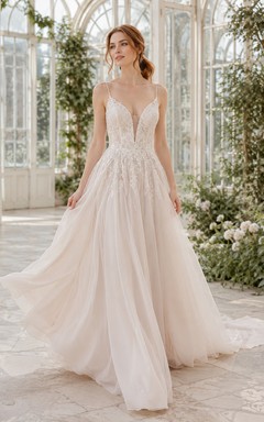 Polished Chiffon Lace Deep V Sleeveless A-Line Chapel Train Bodice Deep-V Back Wedding Dress