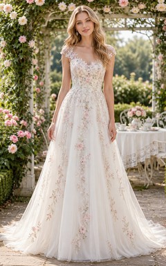 Vestido de novia de corte A con mangas cortas y estampado floral estilo jardín inglés