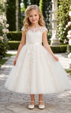 Lace Applique Tulle Flower Girl Dress with Cap Sleeves