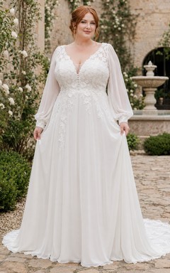 Romantisches Brautkleid in Übergröße mit langen Ärmeln, V-Ausschnitt, Chiffon, A-Linie und großer Oberweite