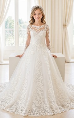 Princess A-Line Scoop Long Sleeve Floral Lace Cathedral Train Flowergirl Dress