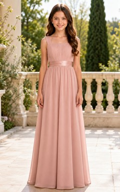Elegantes, ärmelloses, champagnerfarbenes Chiffon-Brautjungfernkleid in A-Linie, bodenlang