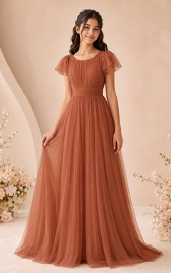 Vestido de dama de honor juvenil marrón, corte en A, escote redondo, manga corta, plisado, romántico.