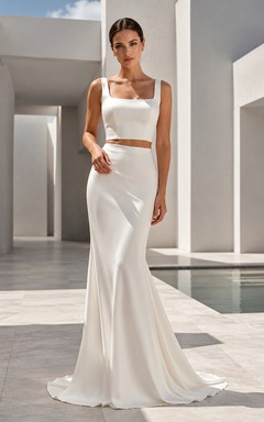 Square Strap Satin Crop Top Mermaid Architectural Bridal Set