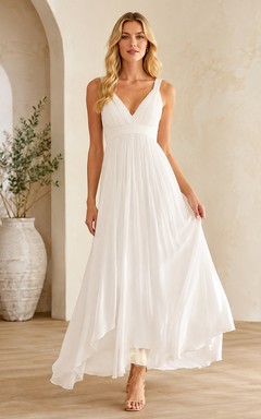 Robe de mariée civile de plage simple, taille empire, col en V, sans manches, en mousseline, longueur cheville