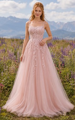 Blush Bohemian Spaghetti Strap Lace Tulle Meadow Bridal Gown