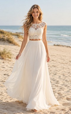 Vestido de novia de dos piezas de gasa con encaje y mangas cortas, corte en A, ideal para la playa.