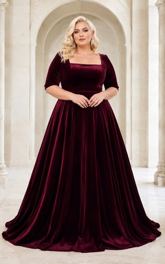 Vestido de gala de terciopelo de lujo hasta el suelo con mangas tres cuartos y corte cuadrado, de la marca Wine Throne, color borgoña.