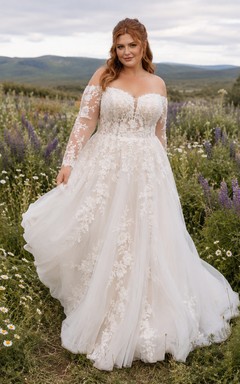 Plus Size Off Shoulder Lace Meadow Wedding Dress