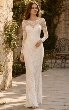 Modest Allover Lace Intimate Wedding Sheath Bateau Long Sleeves Floor Length