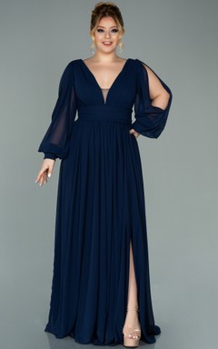 Vestido de noche de gasa con escote en V, manga larga, abertura frontal y pliegues, talla grande