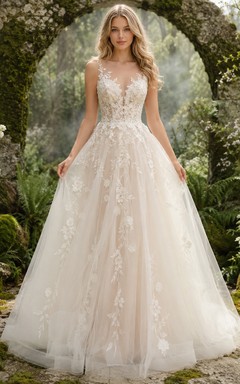 Brautkleid mit V-Ausschnitt, floralen Applikationen und Moosgarten-Motiv