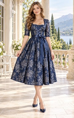 Vintage Dark Navy Square Neck Laced Floral Jacquard Dirndl Dress