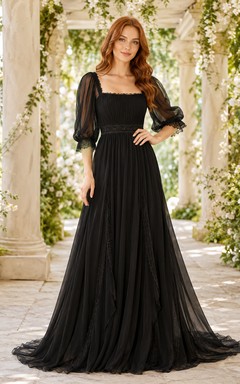Vestido de novia de gasa negro con escote cuadrado y mangas abullonadas para jardín