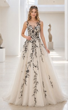 Schwarzes, ärmelloses, modernes A-Linien-Brautkleid mit Blumenstickerei