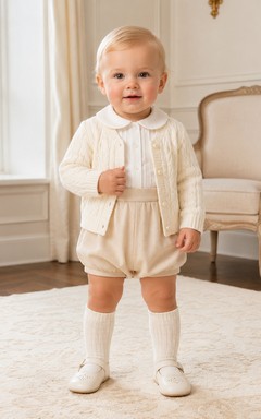 Kuscheliges cremefarbenes Langarm-Strick-Cardigan-Set mit Zopfmuster und passendem Taufhöschen