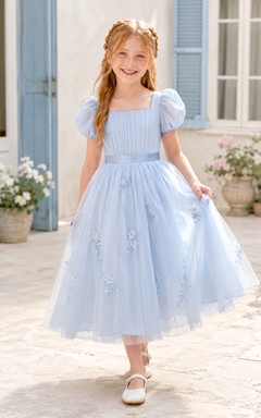 Vestido de niña de las flores azul cielo, encaje, tul, corte en A, cuello joya, largo hasta la rodilla