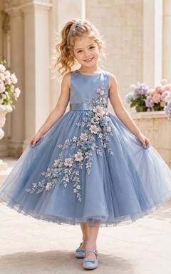 Slate Blue Cascading Floral Flower Girl Dress with Sleeveless Tulle A-Line, Bow Back, Applique Trail, and Tea-Length Skirt