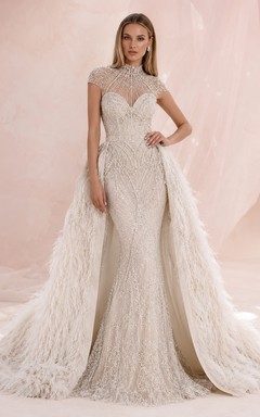 Robe de mariée sirène en dentelle à col montant et manches courtes, amovible, style chapelle