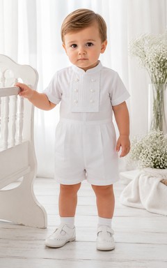 White Stand Collar Button Bib Short Sleeve Christening Romper for Baby Boy