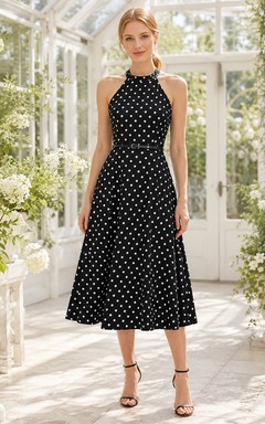 Black Polka Dot Halter Neck Garden Midi Dress