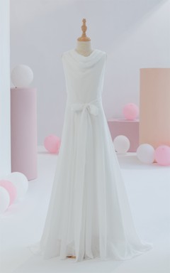 White First Communion Cowl-neck Sleeveless Floor-length Flowergirl Dress