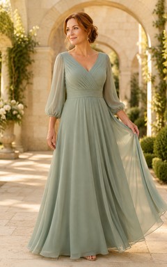 MOB-Kleid aus salbeigrünem Chiffon, A-Linie, lange Ärmel, V-Ausschnitt, bodenlang, plissiert