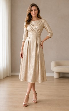 Robe classique de cérémonie en satin taupe, manches trois-quarts, coupe trapèze, longueur thé