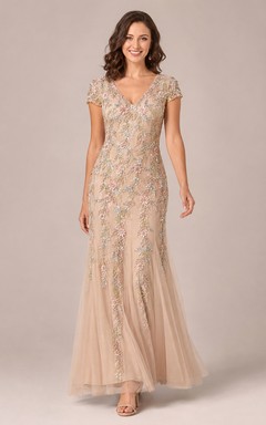 Champagne cap sleeve lace sheath gown with soft tulle hem