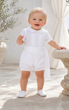 Summer White Short Sleeve Pintuck Linen Baby Boy Christening Romper