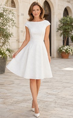 Robe cocktail simple en mousseline blanche, col rond, manches courtes, coupe trapèze, longueur genou