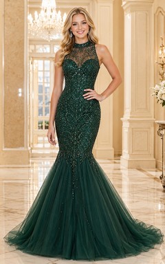 Dark Green Junior Pageant Sequined High Neck Lace Mermaid Chapel Train Dress