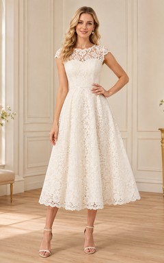Vestido de cóctel formal romántico color marfil con escote barco, mangas cortas, encaje ilusión, corte en A y largo hasta la rodilla.