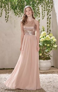 Neckholder-Brautjungfernkleid aus Chiffon mit Pailletten, A-Linie, bodenlang, ärmellos, mit V-Ausschnitt und Reißverschluss am Rücken