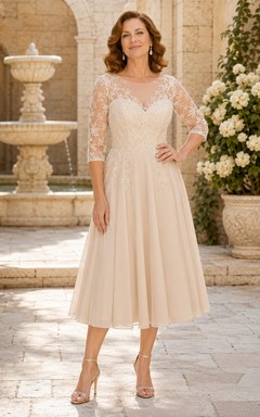 Vestido de novia modesto de gasa de encaje, largo hasta la rodilla, estilo barco, tres cuartos, color champán.