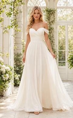 Vestido de novia sencillo de gasa con escote corazón, corte A y cola, sin hombros.