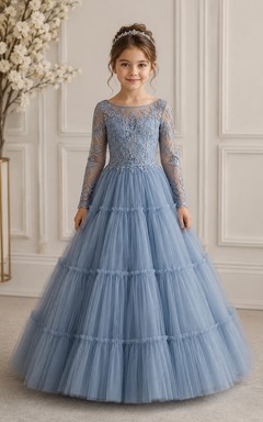 Prinzessinnen-Ballkleid, bodenlang, langärmelig, mit Illusions-Tüllspitze, mit langen blauen Spitzenärmeln und gestuftem, voluminösem Tüllrock