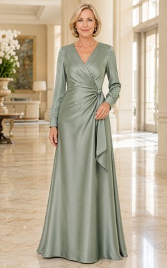 MOB-Kleid aus salbeifarbenem Satin, A-Linie, lange Ärmel, V-Ausschnitt, bodenlang, Rüschenbesatz