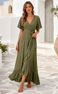 Vestido bohemio largo hasta el suelo, de manga corta y cuello en V, color verde oliva, de punto.