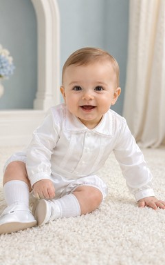 Pelele de manga larga con babero de encaje blanco para bautizo de bebé niño