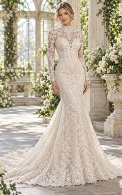 Mermaid Long Sleeve High Neck Floral Lace Train Wedding Dress