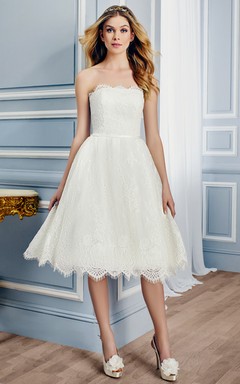 Strapless Tea-Length Lace Wedding Dress With V Back