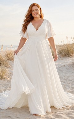 Plus-Size Flutter V-Neck A-Line Floor-Length Short-Sleeve Chiffon Beach Bridal Gown