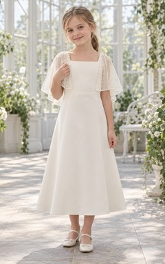 Square Neck Modest Ivory Pearl Mesh Cape Crepe Flower Girl Dress