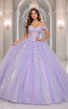 Robe de bal de princesse lilas de luxe à épaules dénudées en tulle à paillettes holographiques et épaules dénudées, ornée de paillettes holographiques, pour quinceañera
