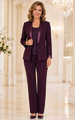Petite Plum Notched Long Sleeve Crepe Jumpsuit Tailored Mother Pantsuit