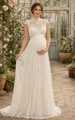 Vestido de novia premamá de cuello alto, manga corta, encaje y tul, estilo jardín, con espalda ilusión.