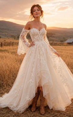 Boho Lace A-Line Off Shoulder Long Sleeve High-Low Wedding Dress
