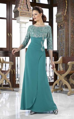 3-4 Ärmel, Rundhalsausschnitt, appliziertes Jersey-Kleid für die Mutter der Braut